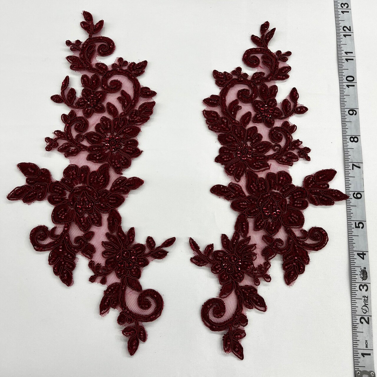 1 Pair Beaded & Corded Floral Lace Applique 100% Polyester Net Mesh 12.5" x 5" Each Side